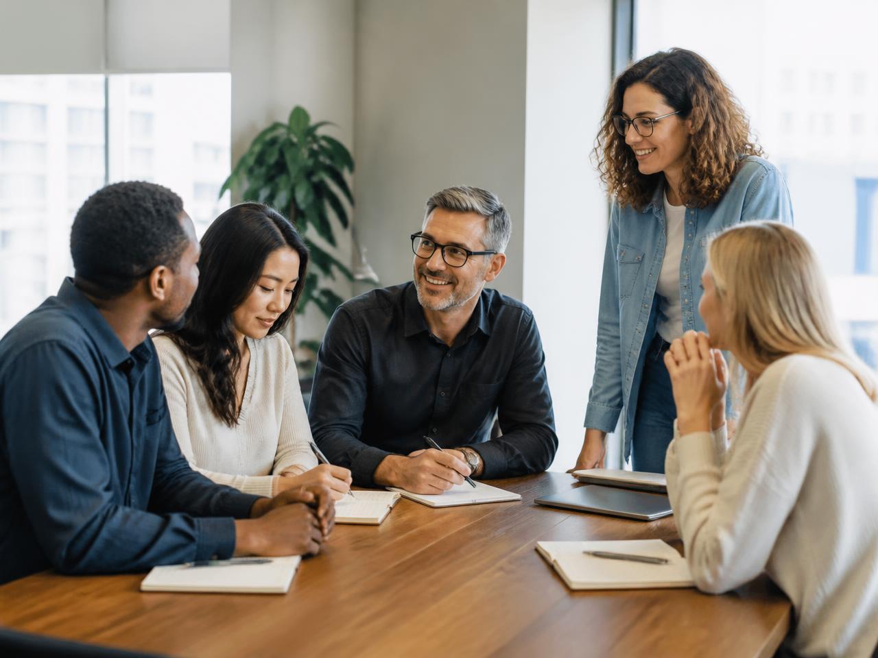 Illustrative image of a team working through ideas around a table