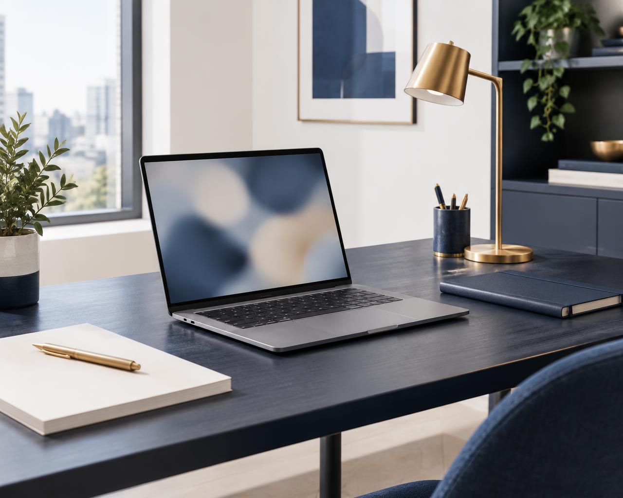 Illustrative image of an organised business workspace with a laptop and navy-and-gold details
